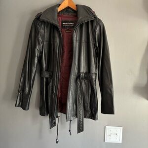 Wilson’s Black Leather Hooded & Belted Coat With Removable Liner &Hood Medium